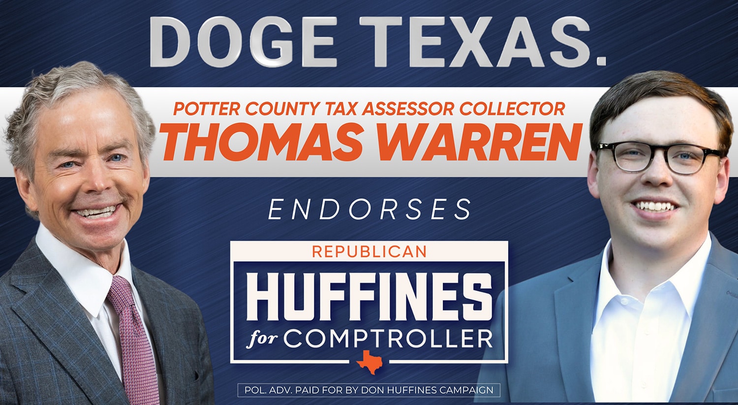 Thomas Warren, Potter County Tax Assessor Collector, Endorses Don Huffines for Comptroller